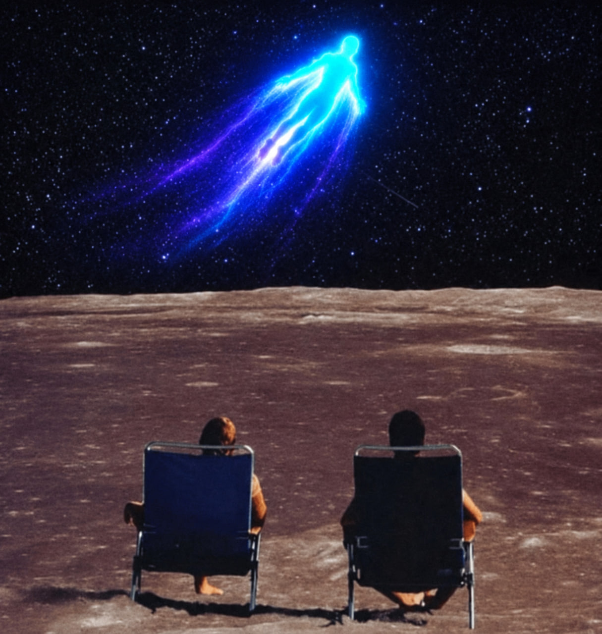 Two observers on a lunar plain watch a glowing human figure streak into the stars